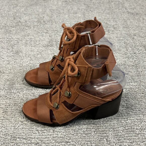 Sorel Sandals Women's 7.5 Nadia Teak Brown Orange Suede Lace Block Heel - Picture 5 of 10